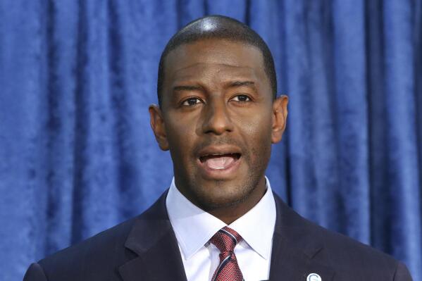 FILE - Andrew Gillum, Democratic candidate for Florida governor, speaks at a news conference in Tallahassee, Fla., Nov. 10, 2018. The former Florida Democratic gubernatorial candidate is on trial in federal court on charges of corruption and lying to the FBI, facing a potentially long prison sentence if convicted of multiple wire fraud counts and a conspiracy charge. (AP Photo/Steve Cannon, File)