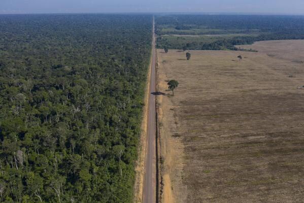 FILE - In this Nov. 25, 2019 file photo, highway BR-163 stretches between the Tapajos National Forest, left, and a soy field in Belterra, Para state, Brazil. The number of deforestation alerts in the Brazilian Amazon rose for the second straight month in October 2021, compared to 2020, ending a streak of encouraging data at a moment when the government has promised to curb illegal logging. (AP Photo/Leo Correa, File)