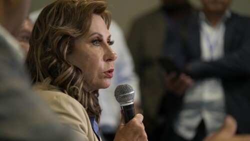 Sandra Torres, presidential candidate with the National Unity of Hope party (UNE), speaks during a press conference before the closing of the polls during general elections in Guatemala City, Sunday, June 25, 2023. (AP Photo/Moises Castillo )