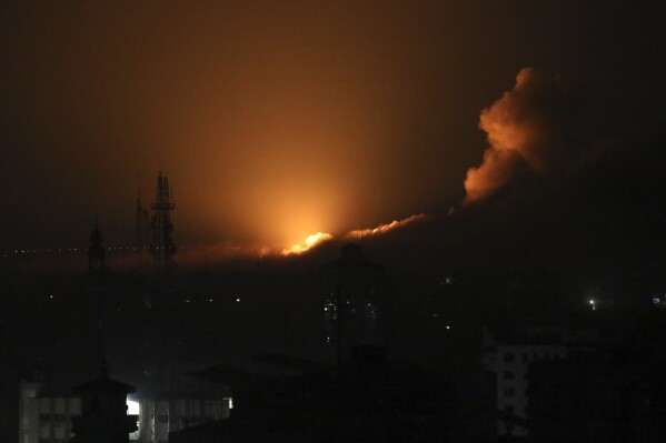 Fire and smoke rise following Israeli airstrikes in northern Gaza Strip, Monday, Oct. 30, 2023. (AP Photo/Abed Khaled)
