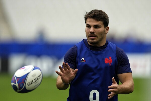 France's Antoine Dupont during their stadium run training session at the Stade de France in Saint-Denis outside of Paris, France, Friday, Oct. 13, 2023, ahead of their Rugby World Cup quarter-final match against South Africa on Sunday, Oct. 15, 2023. (AP Photo/Themba Hadebe)