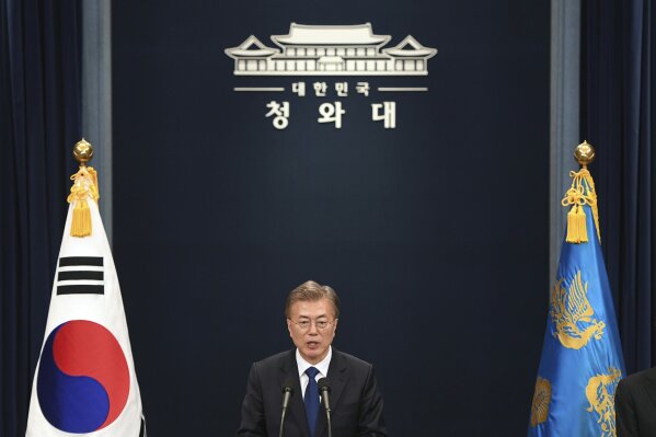 In this May 10, 2017, file photo, South Korea's new President Moon Jae-In speaks at the presidential Blue House in Seoul. Addressing the nation after taking the oath of office on Wednesday, May 10, 2017, South Korean President Moon Jae-in vowed to eventually move out of the Blue House, where every modern South Korean president has lived and worked since the end of World War II. (JungJ Yeon-Je/Pool Photo via AP)