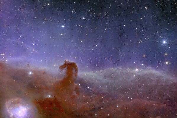 This image provided by the European Space Agency shows Euclid’s panoramic view of the Horsehead Nebula. The European Space Agency released Euclid’s first photos Tuesday, Nov. 7, 2023 four months after the spacecraft was launched from Florida to study the dark universe, invisible yet everywhere. Euclid will observe billions of galaxies, creating the largest 3D map ever made of the cosmos, in order to better understand the dark energy and matter that make up 95 percent of the universe. (European Space Agency via AP)