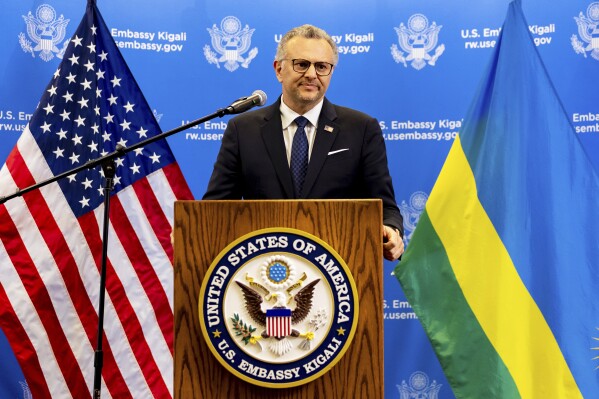 Massad Boulos, senior advisor to President Donald Trump, addresses the media at the U.S. Embassy in Kigali, Rwanda, Tuesday, April 8, 2025. (AP Photo/Yuhi Irakiza)