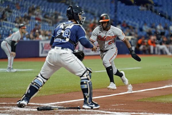 Tampa Bay Rays' Brett Phillips celebrates after scoring on an  inside-the-park home run off Baltimore Orioles relief pitcher Paul Fry  during the sixth inning of a baseball game Monday, Aug. 16, 2021