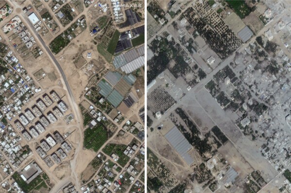 These images provided by Maxar Technologies show an area of Atatra, northern Gaza, before and after Israeli airstrikes. At left, Atatra on May 10, 2023; at right, the same area on Oct. 21, 2023. (Satellite image ©2023 Maxar Technologies via AP)