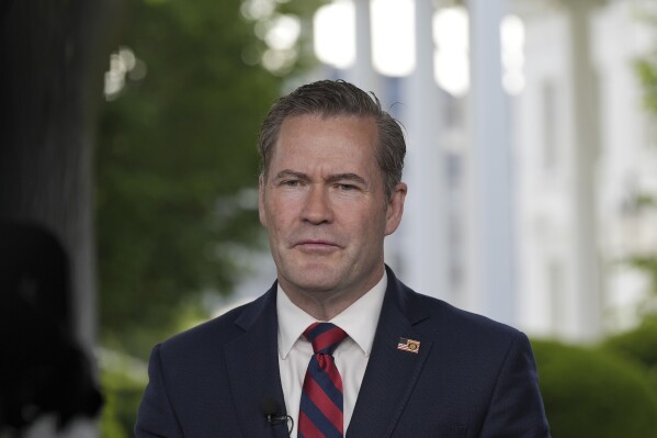 National Security Advisor Mike Waltz speaks during a television interview at the White House, Thursday, May 1, 2025, in Washington. (AP Photo/Alex Brandon)