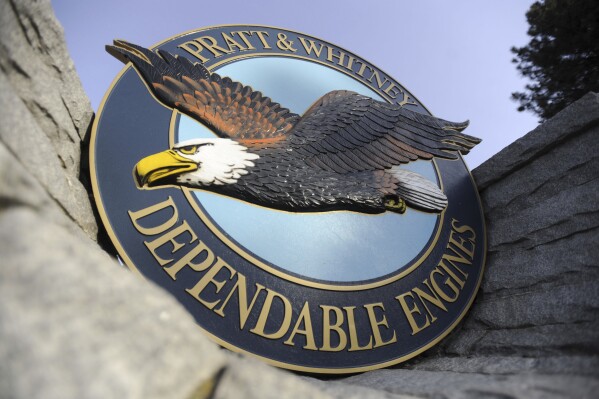 This file photo taken on February 5, 2010 shows a "Pratt & Whitney's reliable engine" Emblem at the factory in East Hartford, Connecticut (AP Photo/Jessica Hill, File)