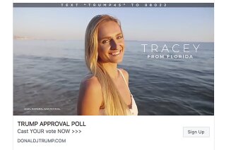 This frame from a series of Facebook video ads for President Donald Trump’s re-election campaign shows a model portraying an actual Trump supporter. The people in the videos are all models in stock video footage produced far from the U.S. in France, Brazil and Turkey, and available to anyone online for a fee. Bottom left of the frame reads: “actual testimonial, actor portrayal.” (Trump Make America Great Again Committee via AP)