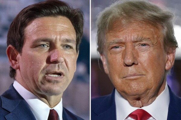 FILE - This combination of photos shows Florida Gov. Ron DeSantis speaking on July 17, 2023, in Arlington, Va., left, and former President Donald Trump speaking in Bedminster, N.J., June 13, 2023. Trump met privately with DeSantis over the weekend, according to two people familiar with the discussion, marking a detente between the former rivals after a brutal primary contest marked by insults and bruised egos. (AP Photo, File)