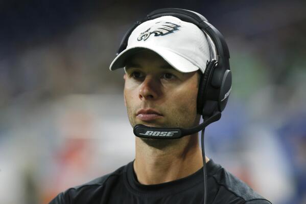 FILE - Philadelphia Eagles defensive coordinator Jonathan Gannon watches during the second half of an NFL football game against the Detroit Lions, on Oct. 31, 2021, in Detroit. The Arizona Cardinals have agreed to hire Gannon to be their next head coach, a person familiar with the decision told The Associated Press. The person spoke on condition of anonymity Tuesday, Feb. 14. 20243, because the deal hasn’t been completed. (AP Photo/Duane Burleson, File)