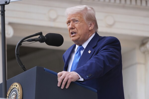 President Donald Trump speaks during the 157th National Memorial Day Observance at Arlington National Cemetery, Monday, May 26, 2025, in Arlington, Va. (AP Photo/Jacquelyn Martin)