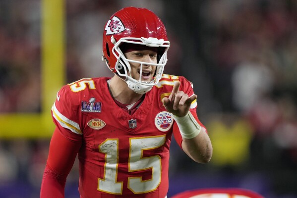 FILE - Kansas City Chiefs quarterback Patrick Mahomes (15) calls a play against the San Francisco 49ers in NFL Super Bowl 58 football game Sunday, Feb. 11, 2024, in Las Vegas. (AP Photo/Doug Benc, File)