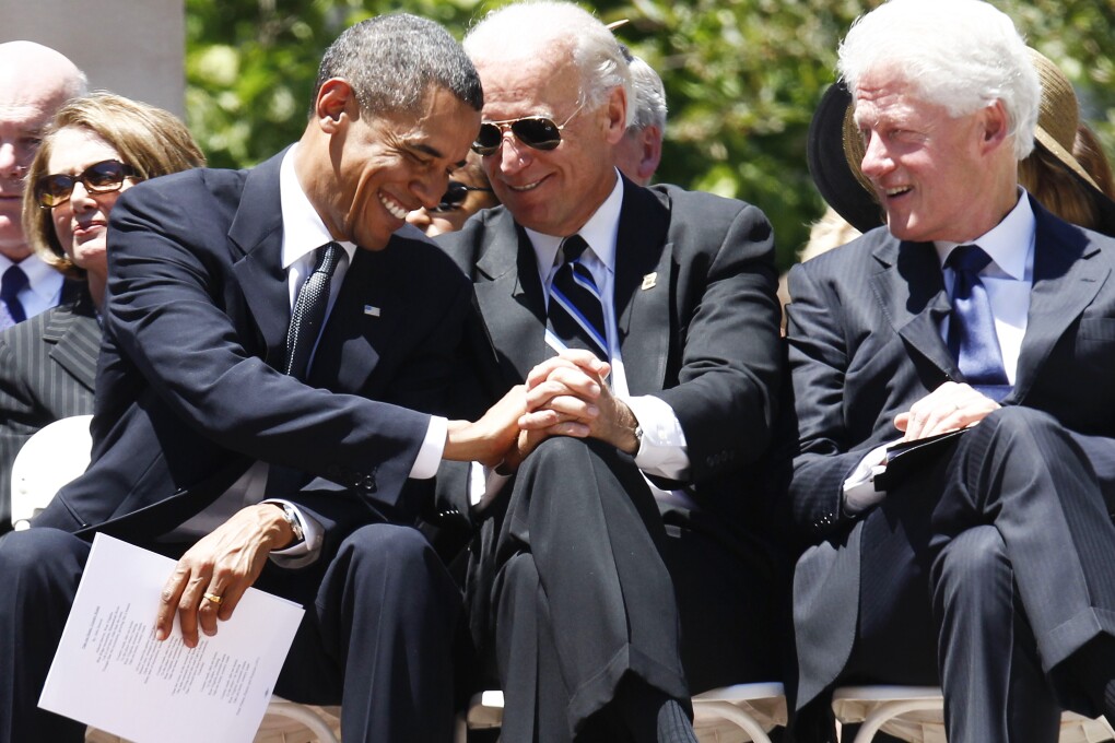 FILE - President Barack Obama, Vice President Joe Biden, and former President Bill Clinton attend at a memorial service for Sen. Robert Byrd, July 2, 2010, at the Capitol in Charleston, W.Va. Former Presidents Barack Obama and Bill Clinton are teaming up with President Joe Biden for a glitzy reelection fundraiser Thursday night at Radio City Music Hall in New York City. The event brings together more than three decades of Democratic leadership. (AP Photo/Charles Dharapak, File)