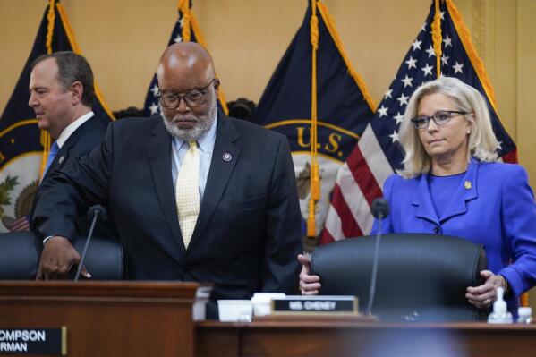 Chairman Bennie Thompson, D-Miss., and Vice Chair Liz Cheney, R-Wyo., arrive as the House select committee investigating the Jan. 6 attack on the U.S. Capitol holds its first public hearing to reveal the findings of a year-long investigation, on Capitol Hill, Thursday, June 9, 2022, in Washington. (AP Photo/Andrew Harnik)