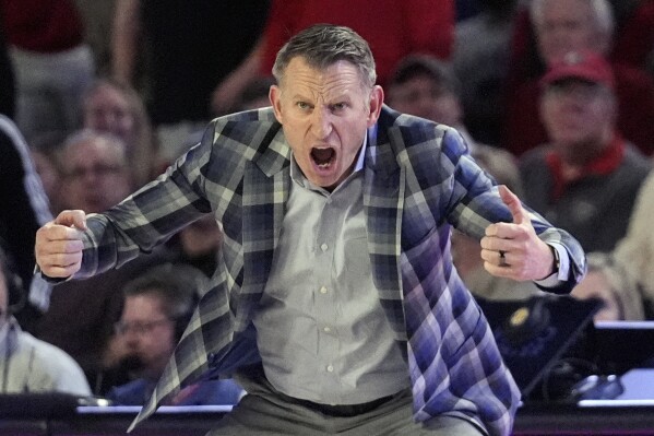 FILE - Alabama head coach Nate Oats reacts in the second half of an NCAA college basketball game against Georgia Wednesday, Jan. 31, 2024, in Athens, Ga. Alabama meet UConn in a semifinal game at the Final Four on Saturday, April 6, in Glendale, Ariz. (AP Photo/John Bazemore, FIle)