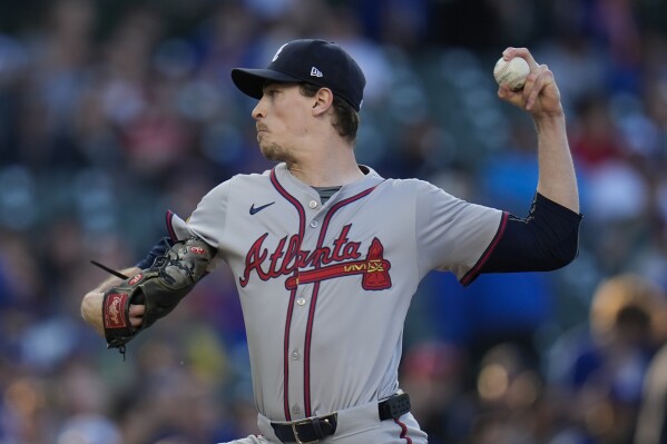 Atlanta Braves starting pitcher Max Fried throws to a Chicago Cubs batter during the first inning of a baseball game Wednesday, May 22, 2024, in Chicago. (AP Photo/Erin Hooley)