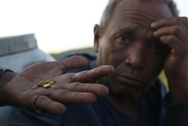 FILE - A miner shows gold he extracted illegally as he and others leave the Yanomami Indigenous territory ahead of expected operations against illegal mining in Alto Alegre, Roraima state, Brazil, Feb. 7, 2023. The two-day Amazon Summit opens Tuesday, Aug. 8, 2023, in Belem, where Brazil hosts policymakers and others to discuss how to tackle the immense challenges of protecting the Amazon and stemming the worst of climate change. (AP Photo/Edmar Barros, File)
