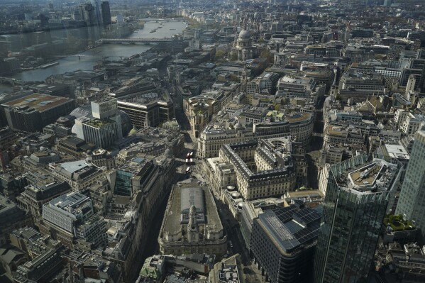 View of the Bank of England and the royal exchange from the viewpoint in London, Wednesday, April 9, 2025. (AP Photo/Alberto Pezzali, File)