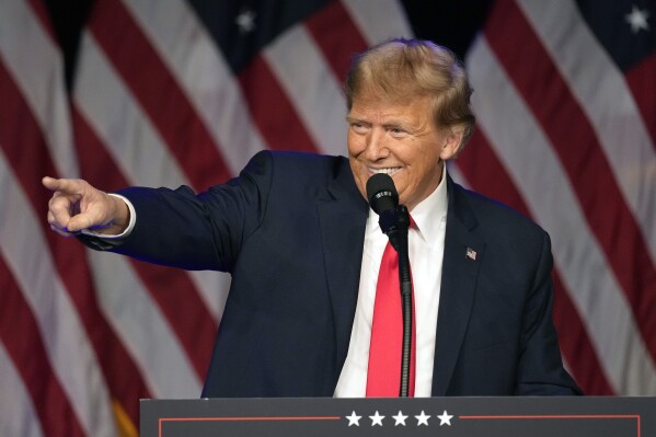 Republican presidential candidate former President Donald Trump speaks at a caucus night rally in Las Vegas, Thursday, Feb. 8, 2024. (AP Photo/Mark J. Terrill)