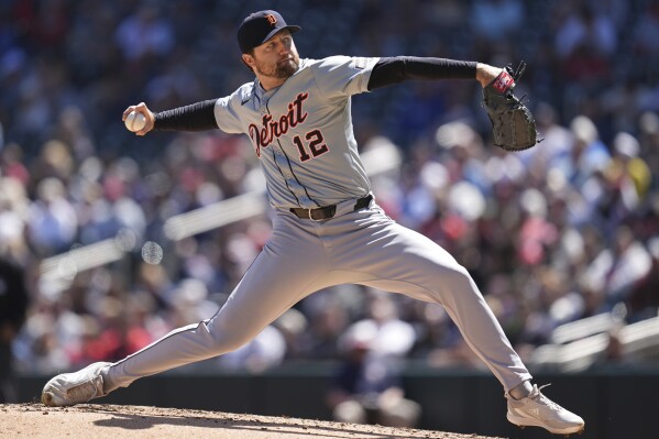 Detroit Tigers starting pitcher Casey Mize delivers during the second inning of a baseball game against the Minnesota Twins, Sunday, April 21, 2024, in Minneapolis. (AP Photo/Abbie Parr)