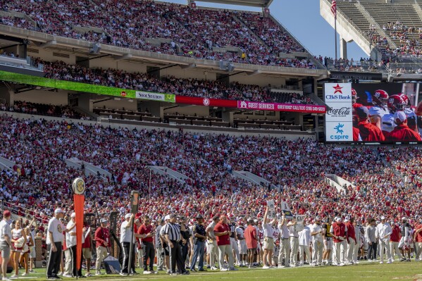 Fans fill much of the stadium during Alabama's first NCAA college football spring game under new head coach Kalen DeBoer, Saturday, April 13, 2024, in Tuscaloosa, Ala.