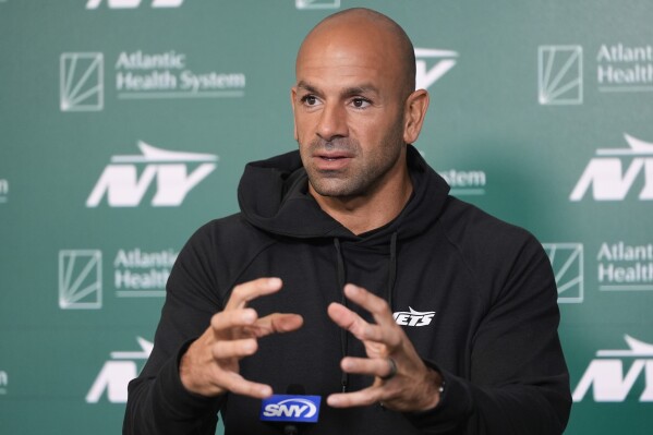 New York Jets head coach Robert Saleh speaks to reporters before a practice at the NFL football team's training facility in Florham Park, N.J., Tuesday, May 21, 2024. (AP Photo/Seth Wenig)