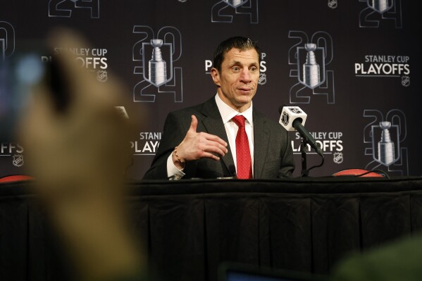 Carolina Hurricanes head coach Rod Brind'Amour speaks at a news conference following the Hurricanes win over the New York Islanders at the NHL hockey Stanley Cup first-round playoff series in Raleigh, N.C., Tuesday, April 30, 2024. (AP Photo/Karl B DeBlaker)