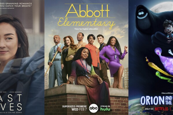 This combination of images shows promotional art for the film "Past Lives," left, the ABC comedy series "Abbott Elementary," center, and the Netflix film "Orion and the Dark." (A24/ABC/Netflix via AP)