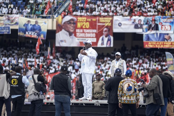 Congo president Félix Tshisekedi delivers a speech to his supporters during a campaign rally ahead of the presidential elections, in Kinshasa, Democratic Republic of the Congo, Sunday, Nov. 19, 2023. (AP Photo/Samy Ntumba Shambuyi)