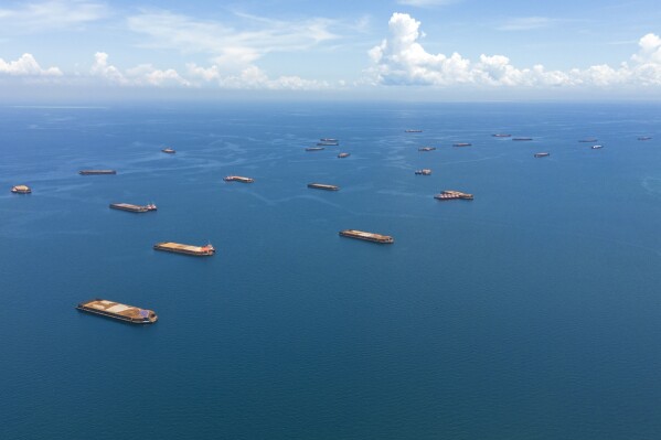 Barges loaded with nickel ore are anchored off Kabaena Island, Indonesia, Saturday, Nov. 16, 2024. (AP Photo/Yusuf Wahil)