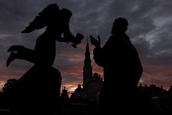 FILE - The Jasna Gora Monastery, Poland's most revered Catholic shrine, during a sunset in Czestochowa, Poland, on Sept. 23, 2023. The leaders of Poland’s influential Catholic Church on Thursday, March 14, 2024 chose moderate Archbishop Tadeusz Wojda to be their new principal, at a time when the church is still struggling to reckon with the abuse of minors by some Polish clergy, while the number of Poles going to church has fallen sharply. (AP Photo/Michal Dyjuk, File)