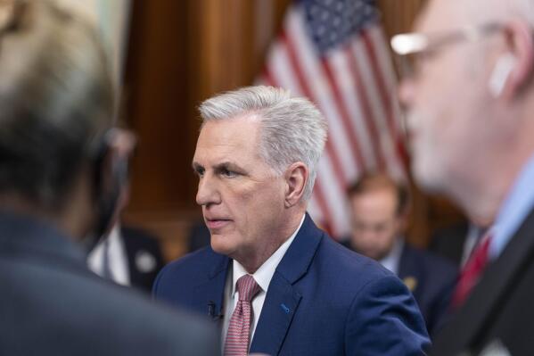 FILE - House Speaker Kevin McCarthy of Calif., pauses during a break in the taping of an interview for the Hannity show with Fox News Channel's Sean Hannity, on Capitol Hill, Jan. 10, 2023, in Washington. (AP Photo/Alex Brandon, File)