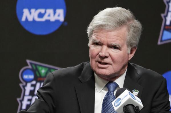 FILE - In this April 4, 2019, file photo, NCAA President Mark Emmert answers questions at a news conference at the Final Four college basketball tournament in Minneapolis. Emmert is now the second-longest tenured leader in the long history of the NCAA. Over 11 years, he has guided the NCAA through a period of unprecedented change amid relentless criticism.  (AP Photo/Matt York, File)