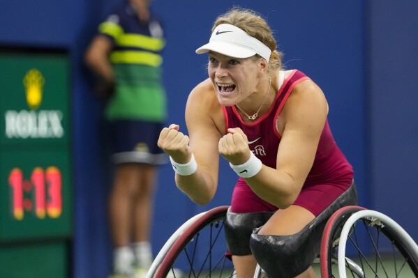Diede De Groot, of the Netherlands, reacts after defeating Yui Kamiji, of Japan, in the wheelchair women's singles final of the U.S. Open tennis championships, Sunday, Sept. 10, 2023, in New York. (AP Photo/Frank Franklin II)