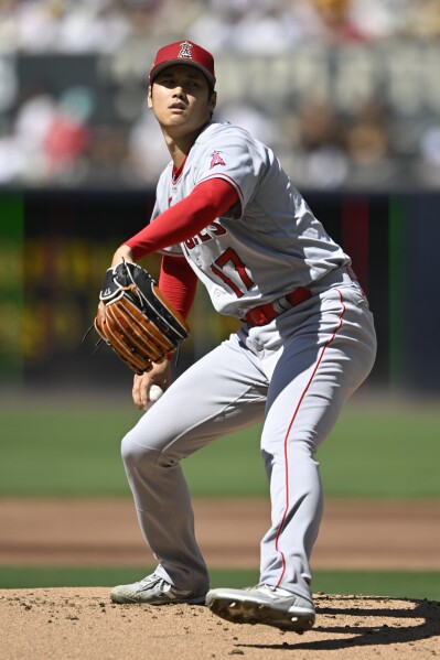 Shohei Ohtani of the Los Angeles Angels pops up for an out against