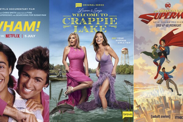 This combination of images shows "Wham!," a documentary premiering July 5 on Netflix, left, the Bravo series “Luann and Sonja: Welcome to Crappie Lake," premiering July 9, and the animated series "My Adventures with Superman,” premiering at midnight on July 6 on Adult Swim, and the next day on Max. (Netflix/Adult Swim via AP)