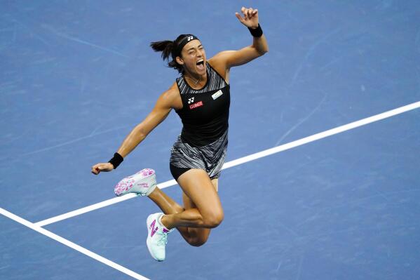 Caroline Garcia, of France, celebrates after defeating Coco Gauff, of the United States, during the quarterfinals of the U.S. Open tennis championships, Tuesday, Sept. 6, 2022, in New York. (AP Photo/Frank Franklin II)
