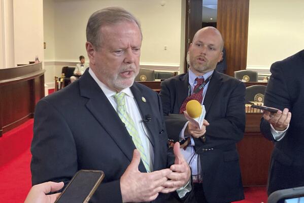 North Carolina state Senate leader Phil Berger, R-Rockingham, speaks to reporters on the Senate floor of the Legislative Building in Raleigh, N.C., on Wednesday May 31, 2023. Berger voted for a measure that would legalize sports wagering in the state. (AP Photo/Gary D. Robertson)