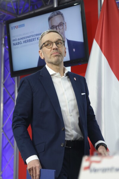 The leader of Austria's Freedom Party, Herbert Kickl, addresses a news conference, in Vienna, Austria, Tuesday, Jan. 7, 2025. (AP Photo/Heinz-Peter Bader)