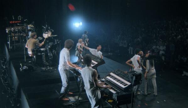 This image released by A24 shows a scene from "Stop Making Sense." (Jordan Cronenweth/A24 via AP)