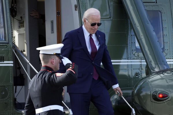 President Joe Biden arrives on Marine One to attend a fundraiser in San Francisco, Wednesday, Feb. 21, 2024. (AP Photo/Manuel Balce Ceneta)