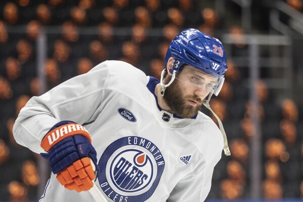 Edmonton Oilers' Leon Draisaitl (29) skates during practice in Edmonton, Alberta Friday June 14, 2024. The Oilers will be facing elimination when they host Game 4 of the Stanley Cup hockey finals against the Florida Panthers Saturday. (Jason Franson/The Canadian Press via AP)