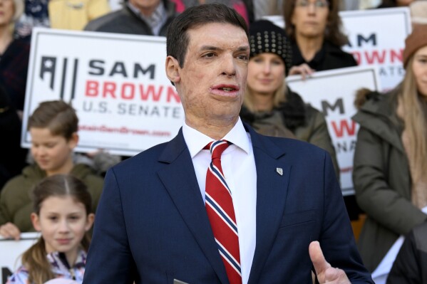 FILE - Republican U.S. Senate candidate Sam Brown speaks after filing his paperwork to run for the Senate, March 14, 2024, at the State Capitol in Carson City, Nev. (AP Photo/Andy Barron, File)