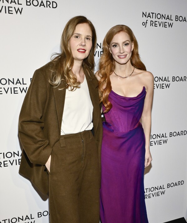 Best international film honoree for "Anatomy of a Fall" Justine Triet, left, and actor Jessica Chastain attend the National Board of Review awards gala at Cipriani 42nd Street on Thursday, Jan. 11, 2024, in New York. (Photo by Evan Agostini/Invision/AP)