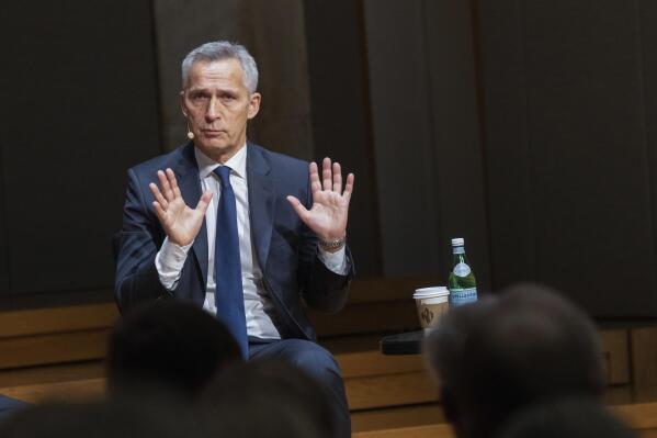 NATO Secretary General Jens Stoltenberg gives a lecture on Russia, Ukraine and NATO's security policy challenges, during the Civita breakfast in the University of Oslo, Thursday, Dec. 8, 2022. (Terje Bendiksby/NTB Scanpix via AP)