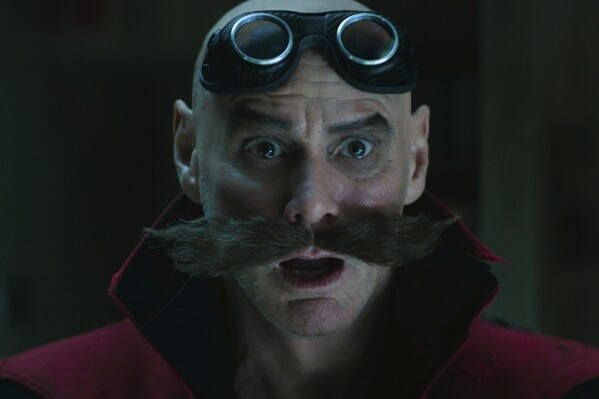 This image released by Paramount Pictures and Sega of America shows Jim Carrey, as Ivo Robotnik, in a scene from "Sonic the Hedgehog 3." (Paramount Pictures and Sega of America, Inc. via AP)