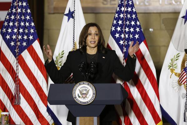 Vice President Kamala Harris speaks about the recently signed infrastructure law will benefit Ohioans after touring the Plumbers and Pipefitters Union Local 189 Friday, Nov. 19, 2021, in Columbus, Ohio. (AP Photo/Jay LaPrete)