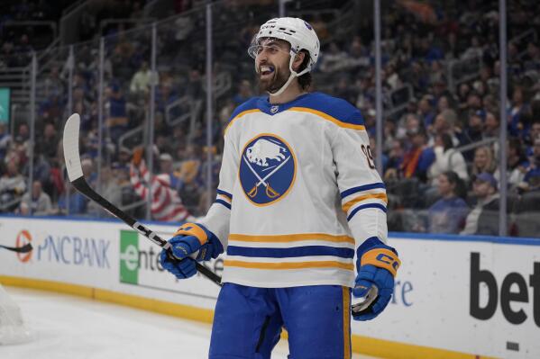 Buffalo Sabres' Alex Tuch celebrates after scoring during the first period of an NHL hockey game against the St. Louis Blues Tuesday, Jan. 24, 2023, in St. Louis. (AP Photo/Jeff Roberson)