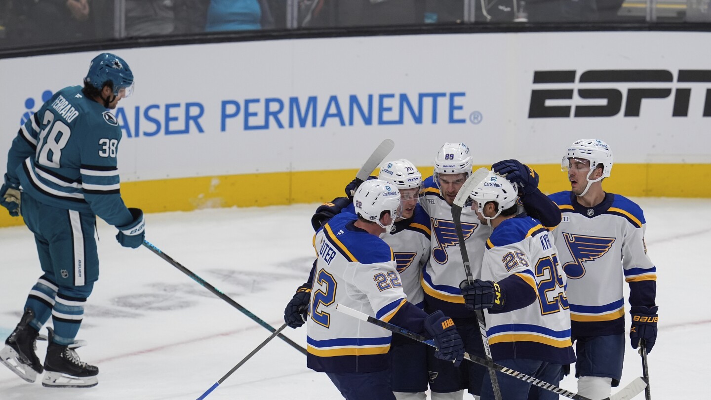 The Blues spoiled Celebrini’s impressive debut with a 5-4 overtime win over the Sharks